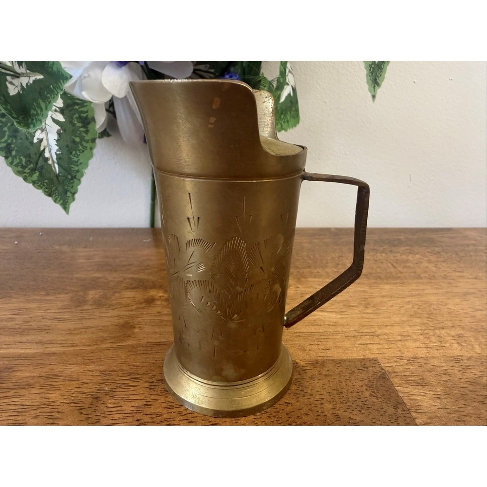 Vintage Brass Etched Pitcher‎ Lidded Jug India Action Handcrafted Decor
